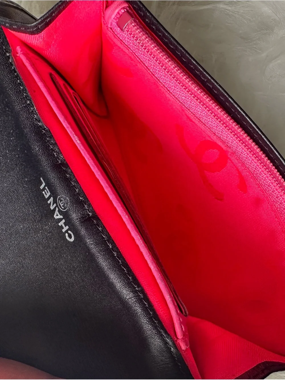 CHANEL Cambon Ligne Black Lambskin Long Wallet White CC Pink Interior